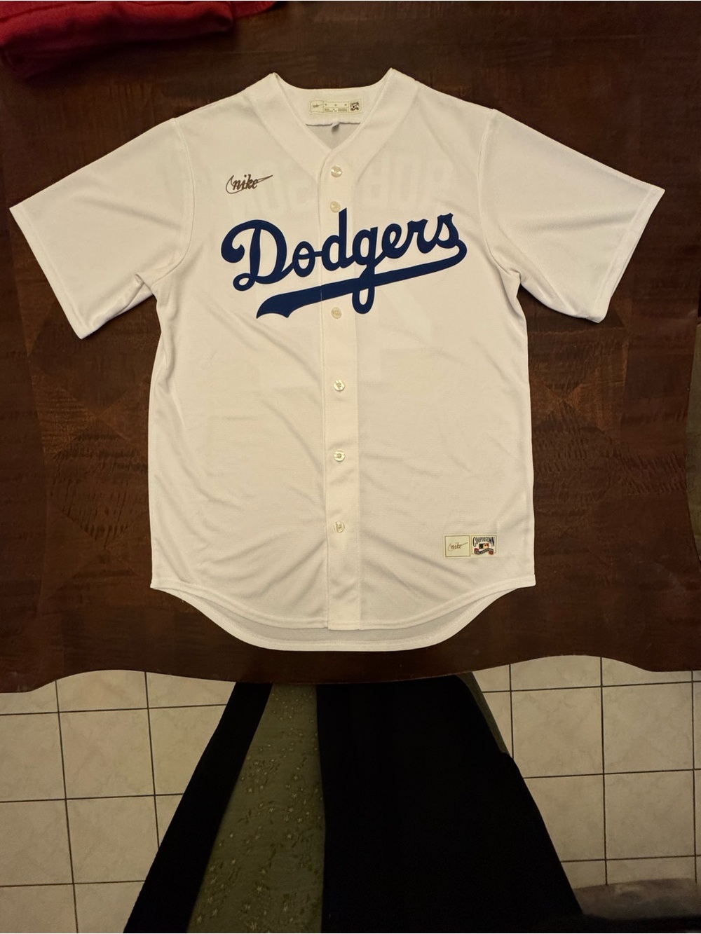 Nike White Dodgers Kids Baseball Jersey with Blue Script